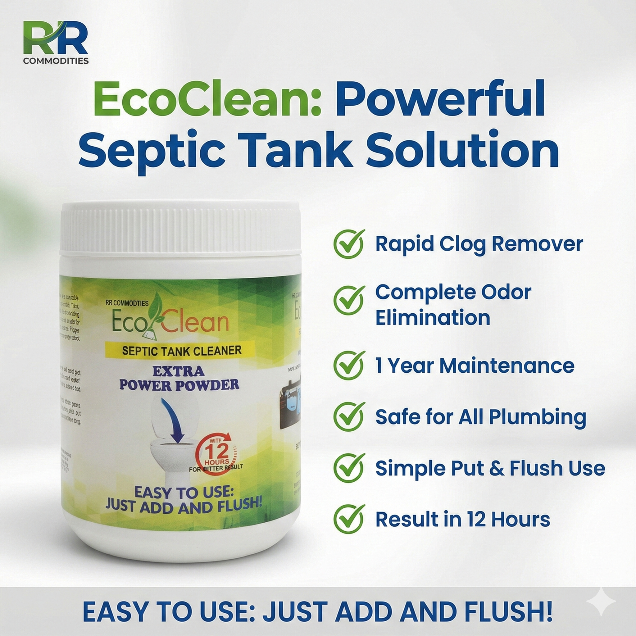 Ecoclean Septic Tank Cleaner Powder 300gm - 12 Hour Fix - 1 Year Maintenance for 10 member family